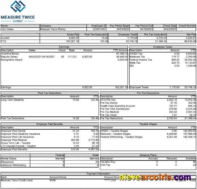 USA MEASURE Twice Financia payslip